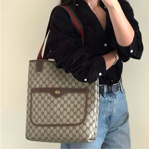 Gucci authentic shopper tote bag brown monogram supreme canvas ribbon handles